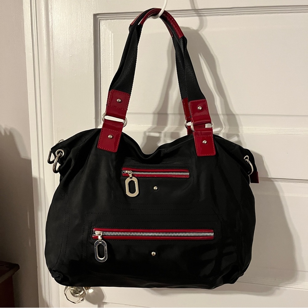 On-Funny Black and Red Handbag with Zipper and Silver Accents